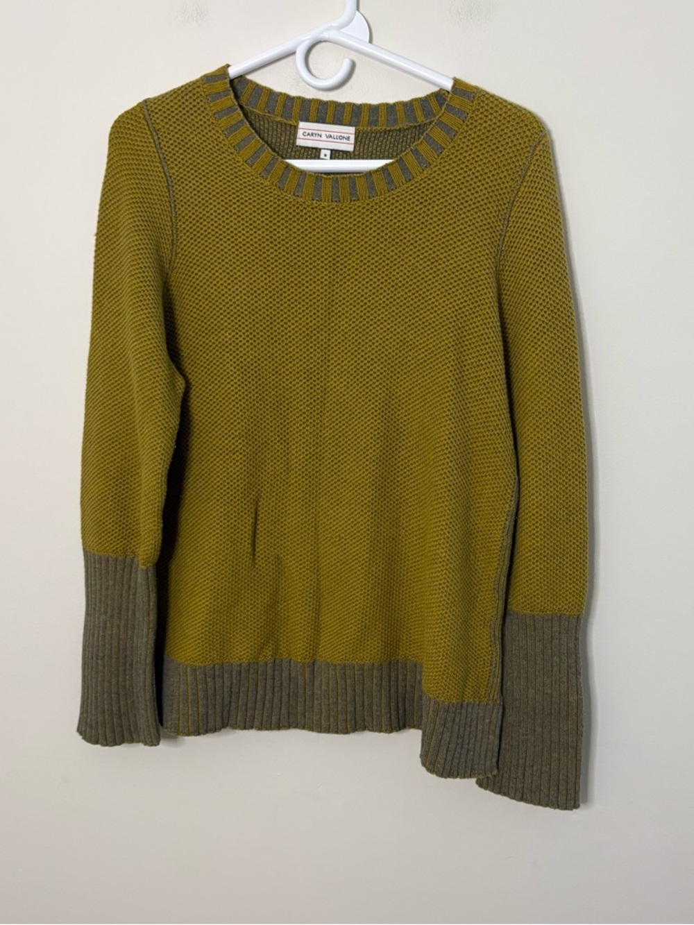 Caryn Vallone Small Womens Sweater Yellow Green Cotton Preppy Cottagecore fall